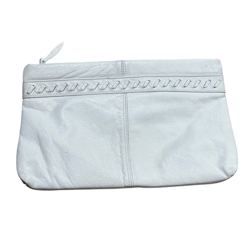 Vintage Contessa white leather clutch purse zipper top woven detail 1970’s chic